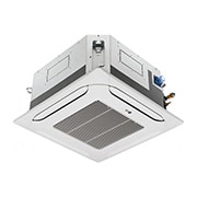 Điều hòa cassette âm trần LG ARNU18GTQB4 có phần trên màu xám và phần dưới màu trắng. Phía dưới có các quạt ở cả bốn hướng cho phép không khí lưu thông.