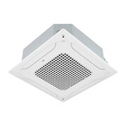 Điều hòa cassette âm trần LG ARNU48GTMA4 có phần trên và phần dưới màu trắng. Phía dưới có các quạt ở cả bốn hướng cho phép không khí lưu thông.