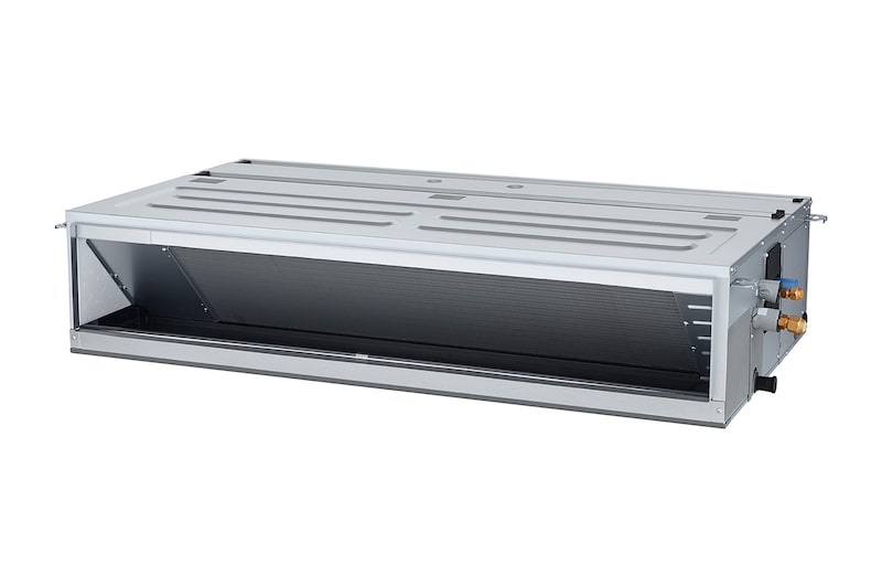 'Điều hòa LG Concealed Duct ARNU36GM2A4 là khối hộp chữ nhật màu xám có một số cửa hút gió ở bên phải và một lỗ thông gió ở mặt trước.