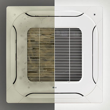 Chiếc cassette gắn trên trần của LG được trưng bày ở vị trí trung tâm cho thấy sự tương phản rõ rệt. Nửa bên trái của nó phủ đầy bụi, trong khi nửa bên phải vẫn sạch sẽ.