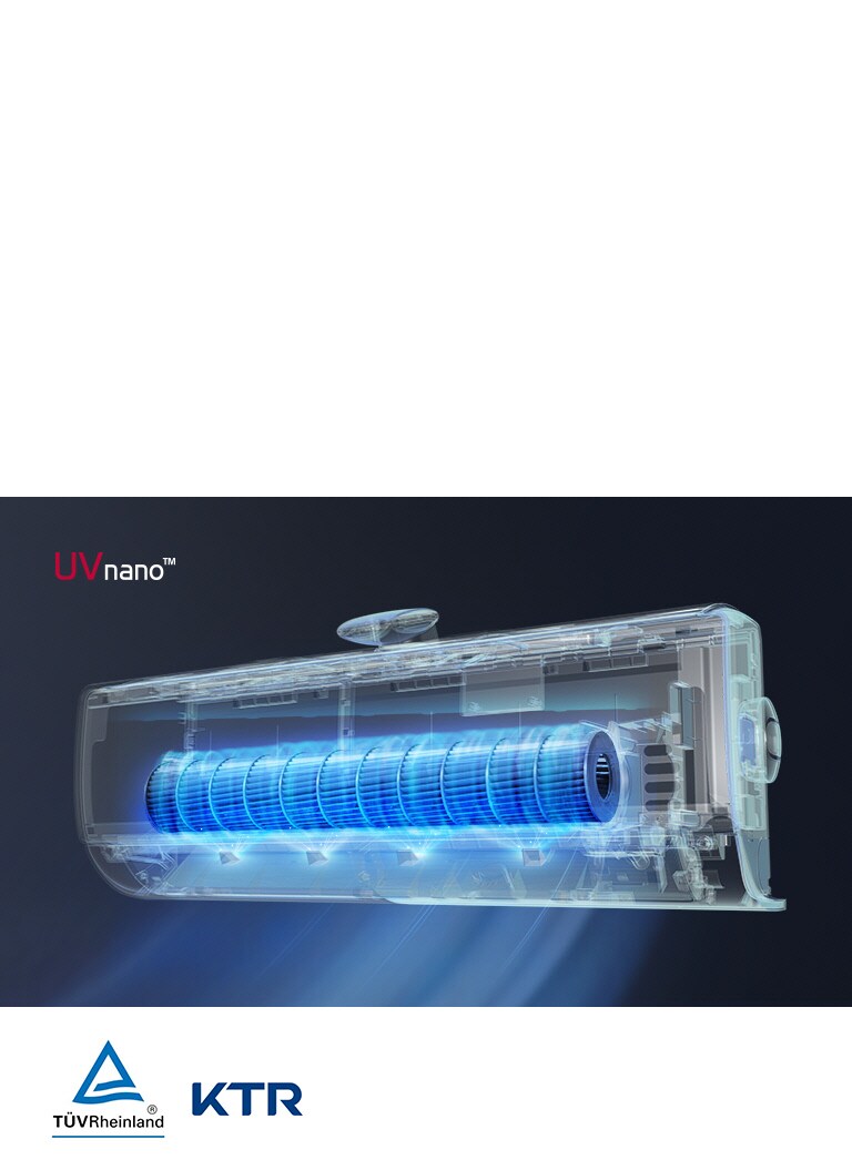 The interior of the UVnano filtration system is shown against a black backdrop so the UV light is glowing inside. Air filters through from the top of the machine and blows out of the bottom. Reads UVnano in the upper left corner. The TUV Rheinland logo and KTR logo are shown next to the image.