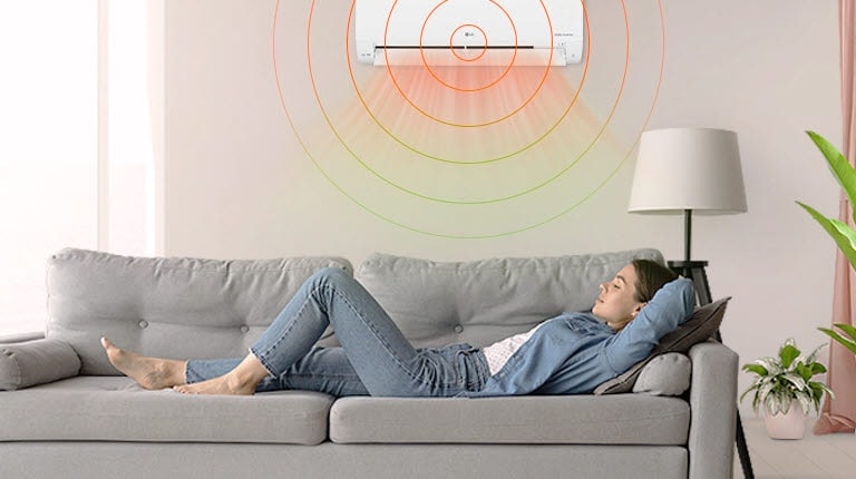 It shows the sensor of the air conditioner detects the temperature of the indoor space, and below it, it shows a woman lying on the sofa and sleeping comfortably.