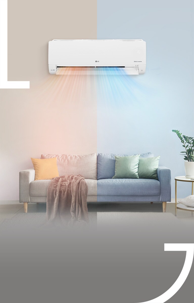 The image of the indoor space in the hot and cold seasons is shown, and two winds are coming out at the same time from the air conditioner hung on the wall.