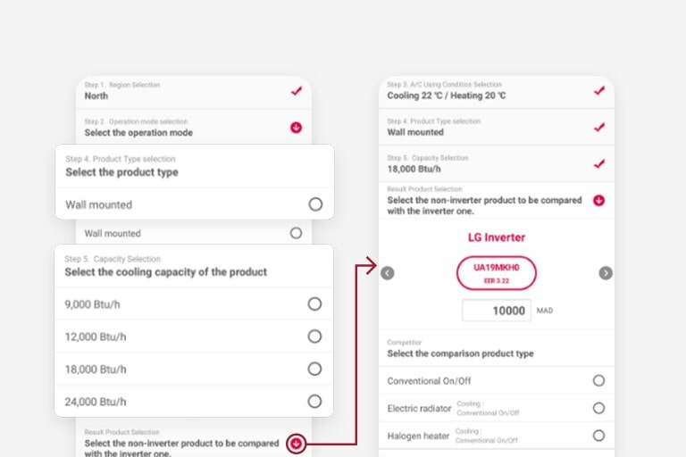 The image shows how to input detailed product settings and power consumption.