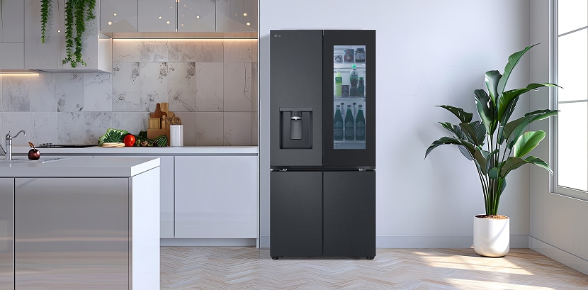Tái hiện hình ảnh phòng khách và căn bếp ấm cúng bên trong thiết kế thanh lịch của tủ lạnh lg cửa kiểu pháp.