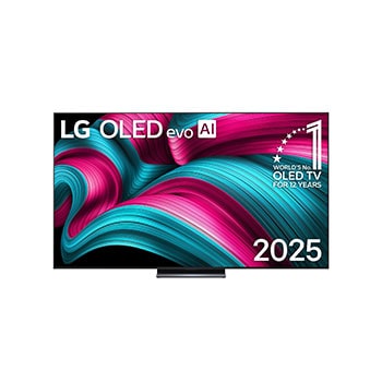 Front view of LG OLED evo AI C5 4K Smart TV. 12 Years of world number 1 OLED emblem and LG OLED evo AI 2025 logo are on the screen.