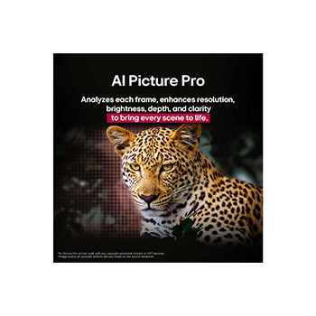 Leopard in the forest in vivid color and detail. The leopard has a grid and a light glowing behind it, indicating how LG AI Picture Pro made impressive visual enhancements to the scene's resolution, brightness, depth, and clarity.