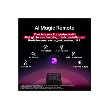 LG AI Magic Remote in the foreground. The AI button icon is highlighted. In the background is the LG webOS UI. The mouse cursor implies that the remote is in use. Text explains how the remote's functions and controls make navigating webOS easy. 