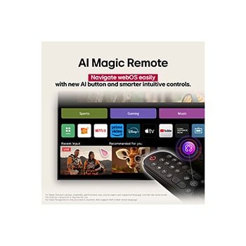 Wide view of a stylish and colorful living room. LG OLED evo AI C5 4K Smart TV is mounted on the wall with an LG Soundbar underneath it. The TV's design blends well with the space. On the TV screen is a colorful artwork. 