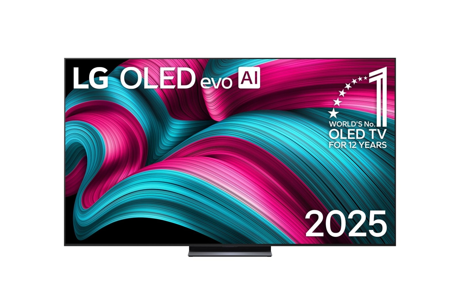 Front view of LG OLED evo AI C5 4K Smart TV. 12 Years of world number 1 OLED emblem and LG OLED evo AI 2025 logo are on the screen.