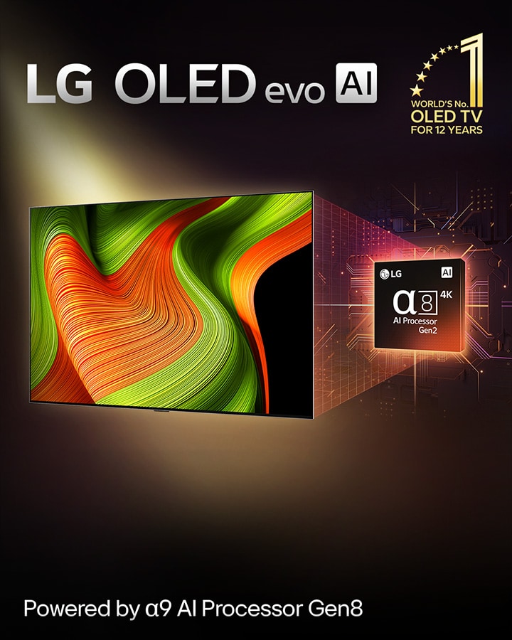 Màn hình LG OLED evo AI TV hiển thị hình ảnh trừu tượng với độ chi tiết, màu sắc và độ tương phản tuyệt đỉnh. Phía sau TV là bộ xử lý LG AI Alpha 8 Gen 2 khuếch đại với các vi mạch xung quanh. Tiêu đề hiển thị "LG OLED evo AI", kèm theo dòng chữ "Powered by LG Alpha 8 AI Processor Gen2". Ở góc là logo các ngôi sao, ghi dòng chữ "TV OLED thủ lĩnh thế giới suốt 12 năm".