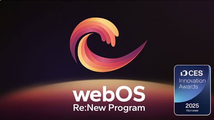 Logo và tên webOS Re:New Program cùng với huy hiệu CES Innovation Awards 2025 Honoree ở gần đó.