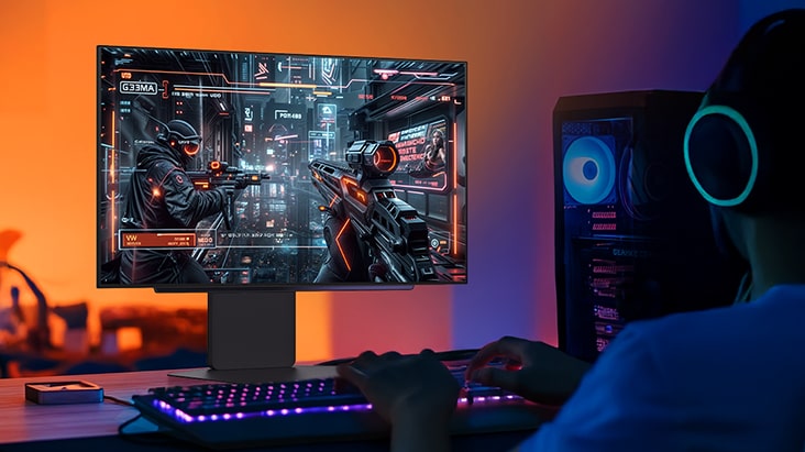 Một game thủ đeo tai nghe đang chơi trận FPS trên màn hình LG UltraGear, hiển thị những người lính tương lai đang ngắm bắn trong thành phố cyberpunk rực sáng neon, bên cạnh là bàn phím RGB phát sáng và dàn PC gaming.