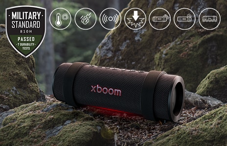 xboom Grab được đặt trên một tảng đá phủ rêu xanh. Ở góc trên bên phải, logo tiêu chuẩn quân đội  được hiển thị.