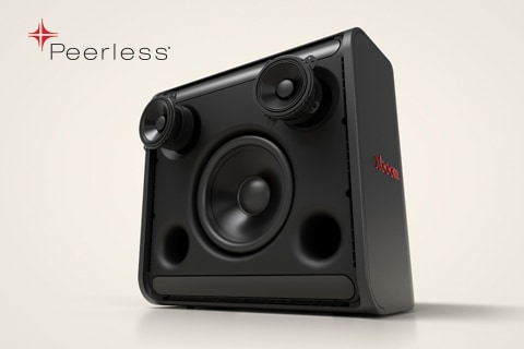 Các bộ phận bên trong của xboom Stage 301, gồm loa trầm và loa trung được hiển thị. Logo Peerless được đặt ở góc trên bên trái.
