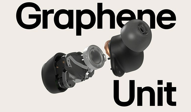 Ảnh gif cảnh trông xa các chi tiết rời của T90S. Từ "Graphene Unit" hiển thị phía sau tai nghe.