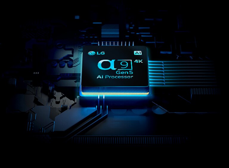 Chip Bộ xử lý AI ⍺9 Thế hệ 5 4K của LG được thể hiện với các tia sáng phát ra từ bộ xử lý.