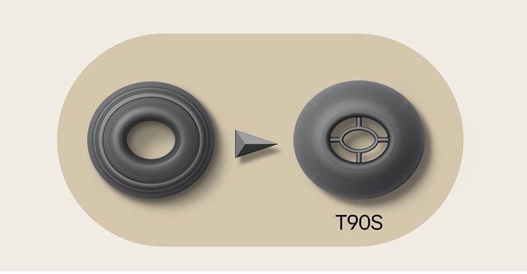 Hình ảnh hai đầu tai nghe. Bên trái là tai nghe trước đây, bên phải là hình ảnh đầu tai nghe T90S giúp cách ly tiếng ồn tốt hơn.