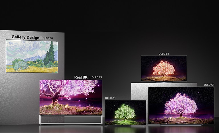 TV Gallery Design OLED G1, Real 8K OLED Z1, OLED A1, OLED B1 và OLED C1 được sắp xếp trước phông nền tối màu.