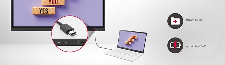 LG CreateBoard dễ dàng truyền dữ liệu qua kết nối USB-C và có thể sạc lên tới 65W.