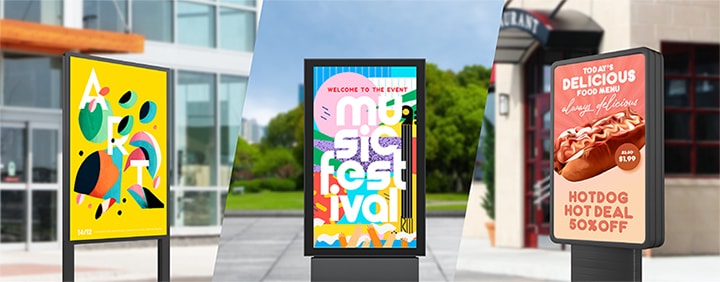 Nhiều màn hình có hình dạng khung khác nhau được lắp đặt ngoài trời.