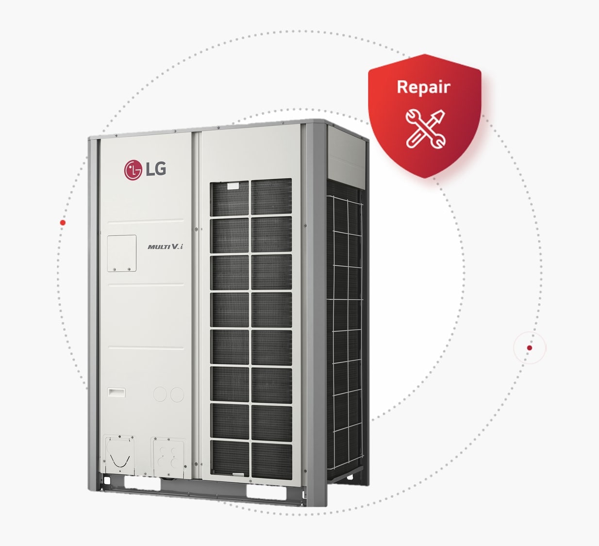 LG MULTI V i và Máy bơm nhiệt không khí sang nước LG Monobloc đặt cạnh nhau, được gắn biểu tượng sửa chữa màu đỏ phía trên cùng bên phải. 