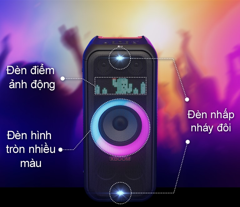 Hình ảnh mặt trước của loa. Có một đường kẻ để xác định từng phần của đèn. Ở trên và dưới là đèn nhấp nháy đôi. Ở giữa là đèn hình tròn nhiều màu chuyển giữa hồng và xanh lơ đang sáng. Phía trên là đèn điểm ảnh động, hiển thị ký tự xương rồng.