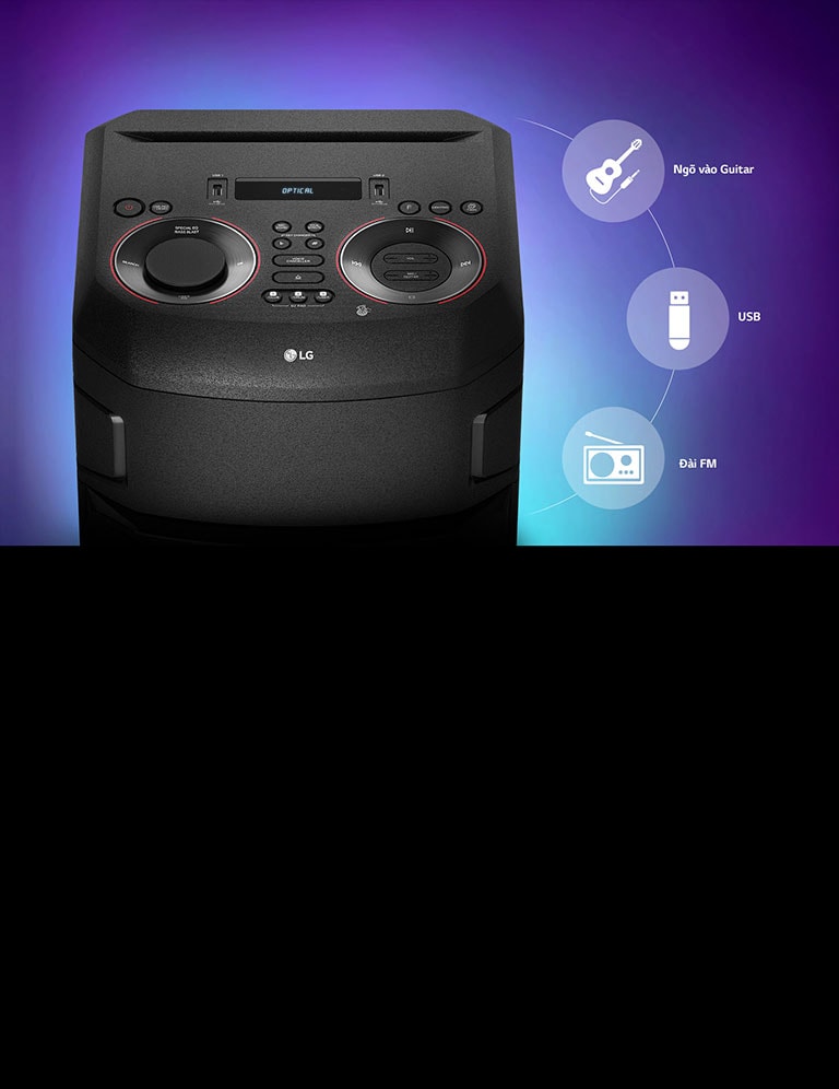 Cận cảnh mặt trên của LG XBOOM, các biểu tượng kết nối được đặt xung quanh sản phẩm.