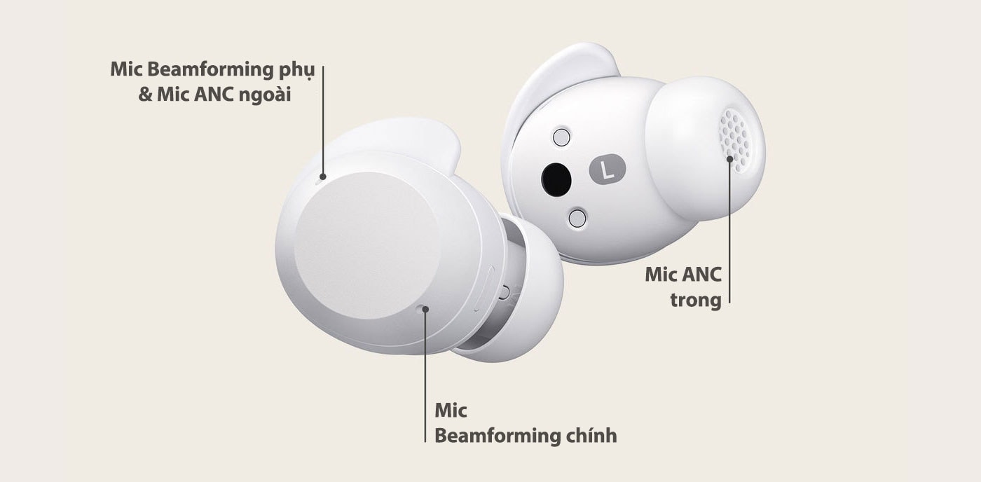 Một cặp xboom Buds trắng được sử dụng để minh họa cho 3 chiếc mic mà nó có.