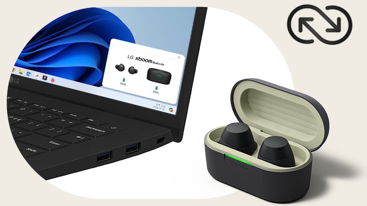 A corner of black-colored laptop, LG gram is placed opened beside a black xboom Buds Lite's cradle stays open with a pair of earbuds in it.