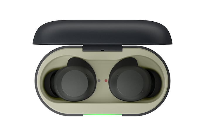 opened cradle top view with earbuds