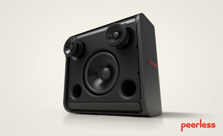 Các linh kiện bên trong xboom Stage 301 được hiển thị, bao gồm cả loa woofer và midrange. Các midrange chuyển động nhịp nhàng và rung theo nhịp điệu.
