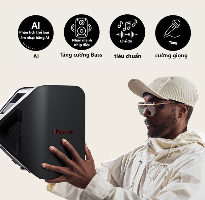will.i.am in white outfit and white cap is holding xboom Stage 301 with his both arms to his face.