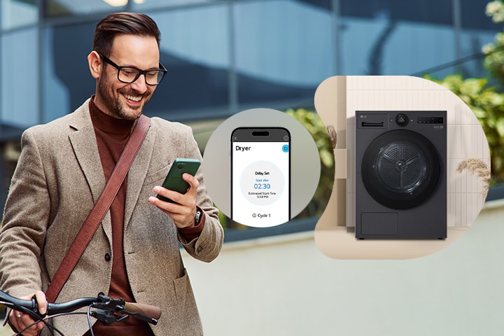 Người đàn ông điều khiển từ xa máy sấy LG qua ứng dụng ThinQ trên điện thoại.