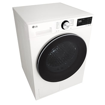Máy sấy LG 11 kg màu trắng Essence White, góc chụp cao từ bên trái