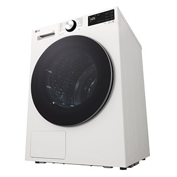 Máy sấy LG 11 kg màu trắng Essence White, góc chụp thấp từ bên trái