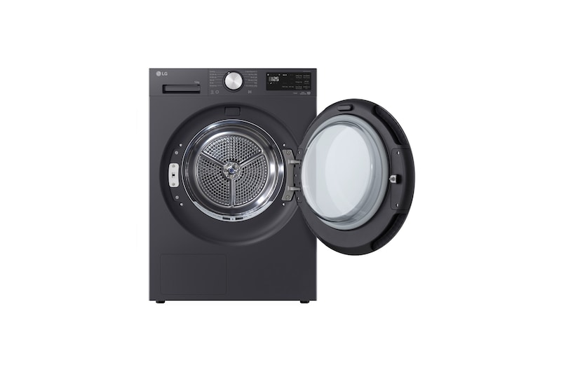 Máy sấy LG 12 kg màu Essence Graphite, góc chính diện với cửa mở