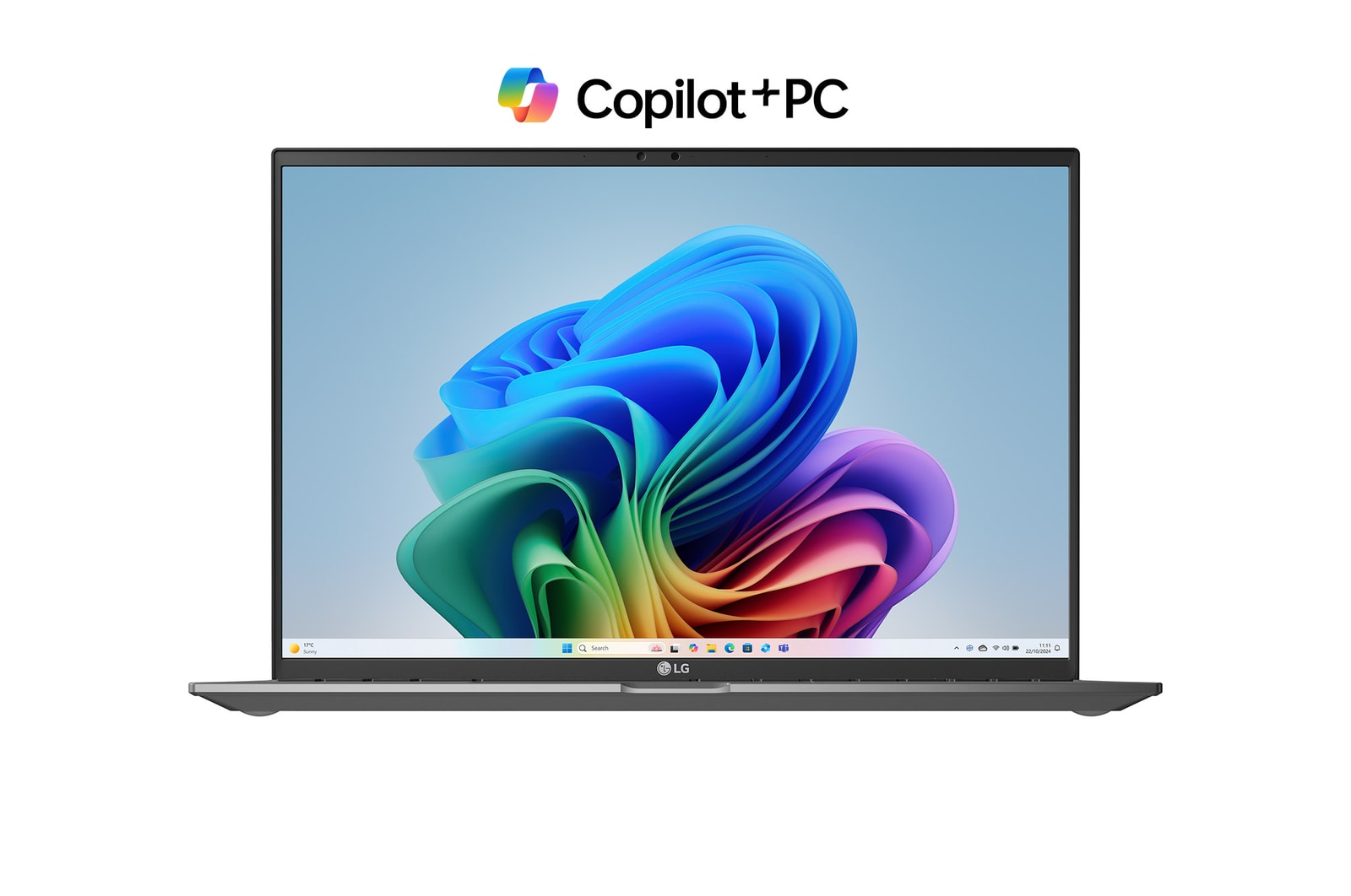 Hình ảnh mặt trước với hình nền Copilot+ Bloom và logo Copilot+ PC
