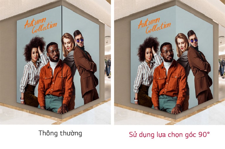 Nội dung với Lựa chọn Góc 90° được hiển thị mà không bị gián đoạn ngay cả khi được lắp đặt ở góc.