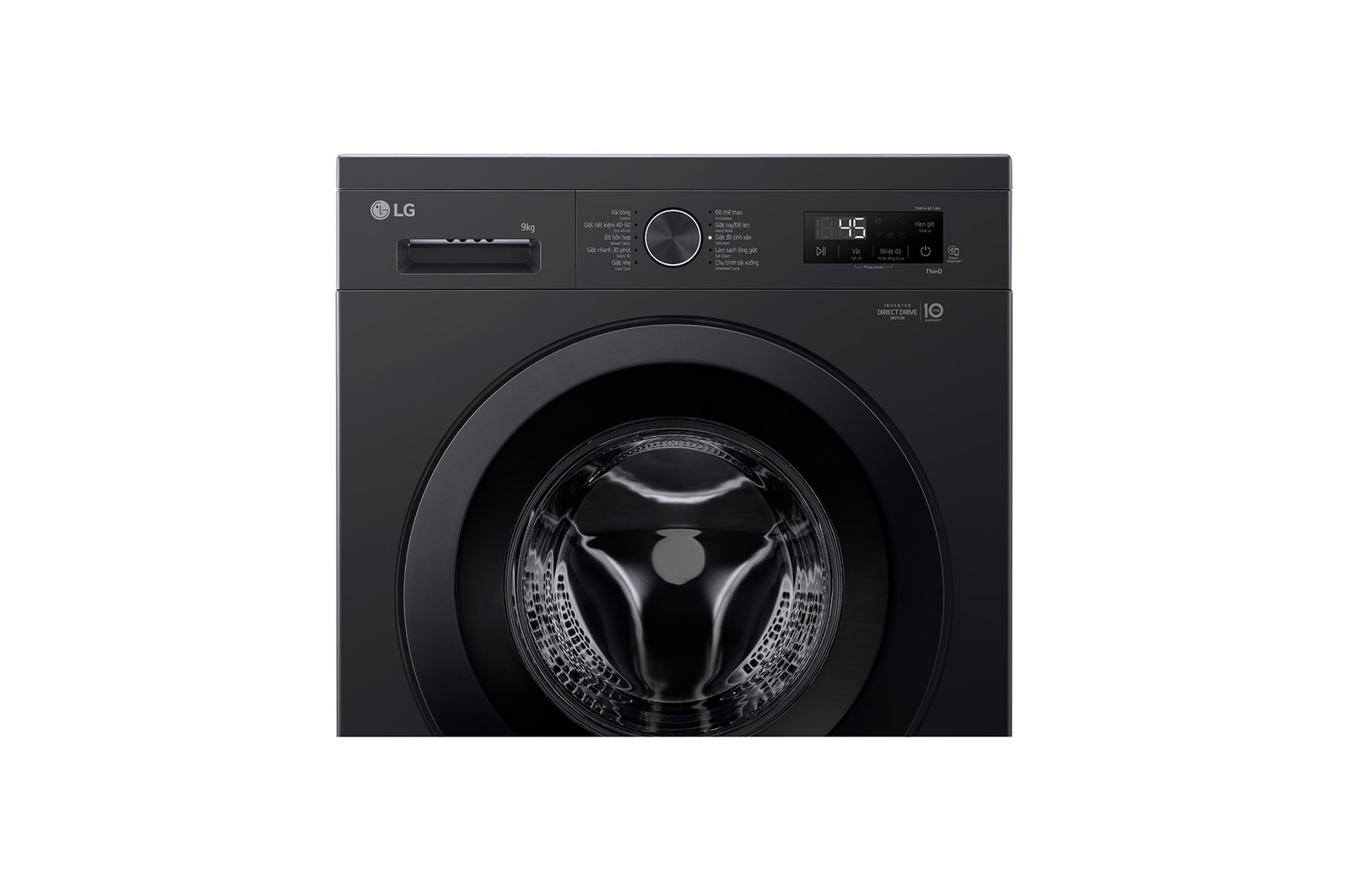 Cận cảnh mặt trước và bảng điều khiển của máy giặt LG FB1209S6O