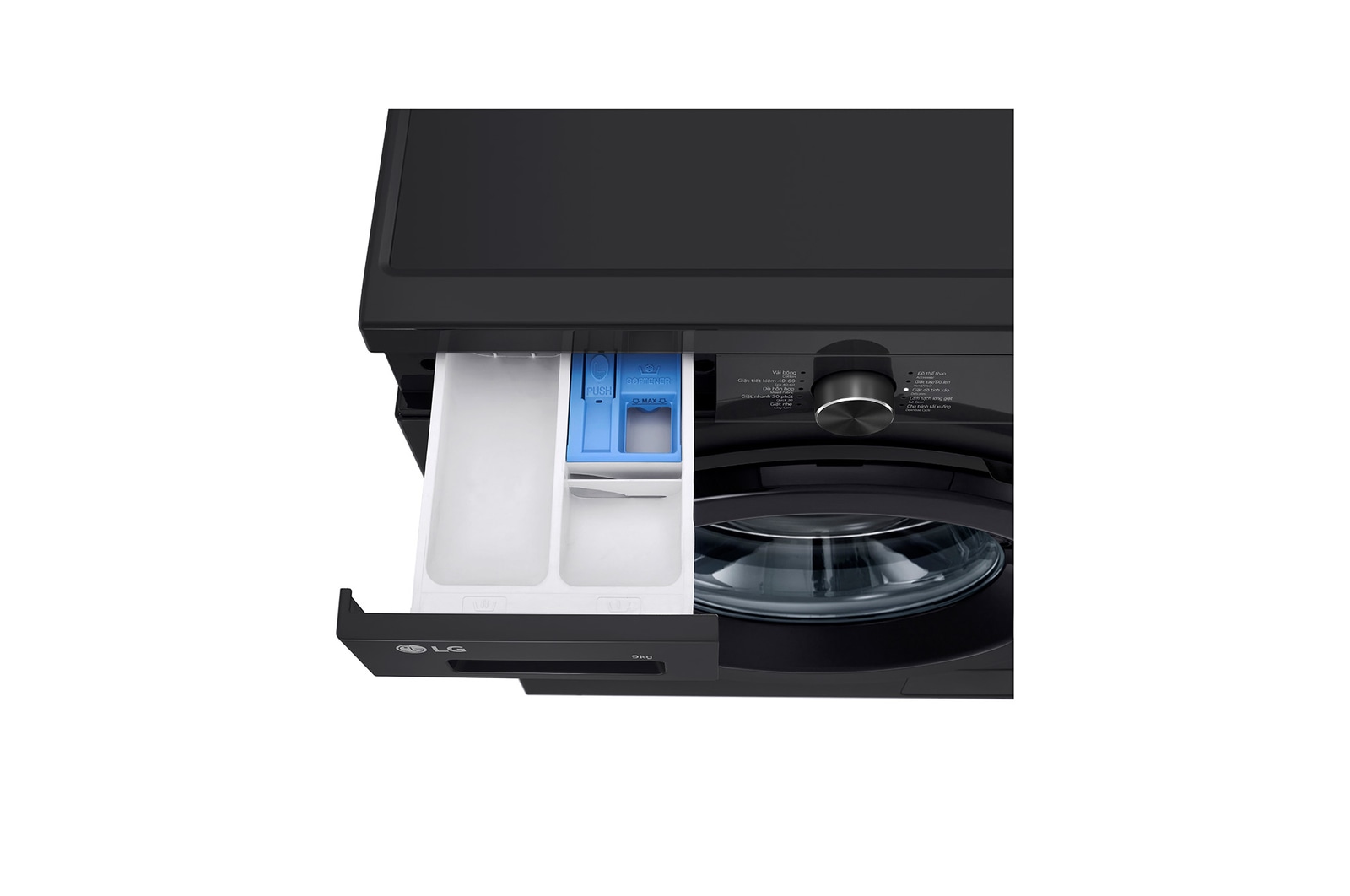 Ngăn chứa chất giặt tẩy phía trên của máy giặt LG FB1209S6O đang mở