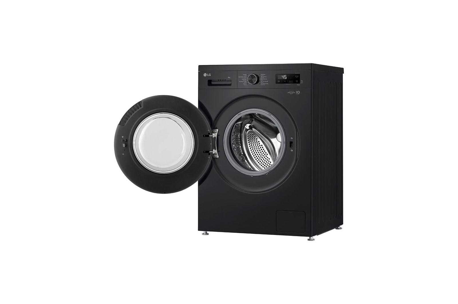 Máy giặt lồng ngang Inverter 9kg màu đen bóng FB1209S6O - góc nhìn bên phải với cửa đang mở