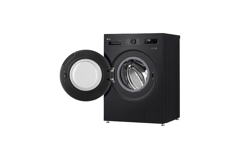 Máy giặt lồng ngang Inverter 9kg màu đen bóng FB1209S6O - góc nhìn bên phải với cửa đang mở