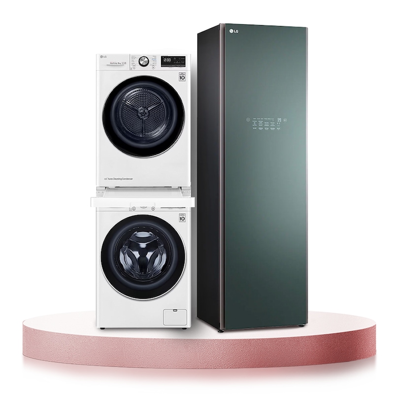 LG  Combo Máy giặt lồng ngang LG AI DD™ 13kg Trắng FV1413S4W, Máy sấy LG DUAL Inverter Heat Pump™ 9kg (trắng) DVHP09W và Tủ chăm sóc quần áo thông minh LG styler Màu xanh lá cây S5GOC |WD1309WS5G, WD1309WS5G