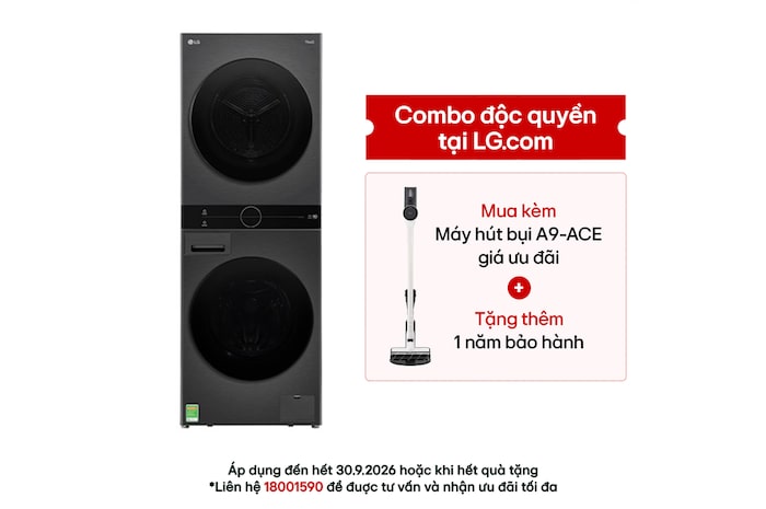 Tháp giặt sấy LG WashTower™ Giặt 14kg/ Sấy 10kg Màu đen|WT1410NHB - mặt trước