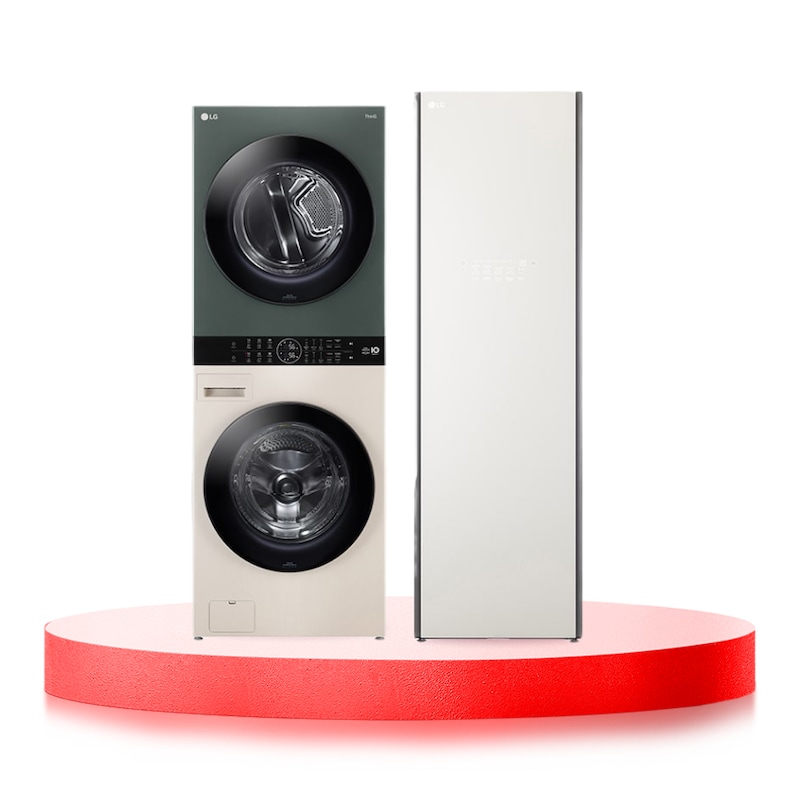 LG Combo Tháp giặt sấy LG WashTower™ Giặt 25kg/Sấy 17kg xanh/be - WT2517NHEG & Tủ chăm sóc quần áo thông minh LG Styler™ 5 móc True Steam™ Màu be | S5BOC, WT2517S5B.ABGPEVN