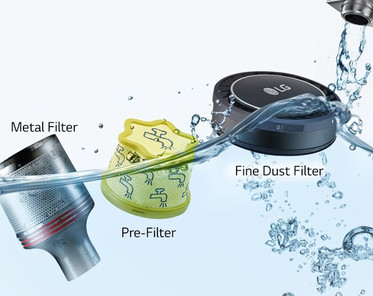 Ba hình ảnh thẳng hàng: hình ảnh đầu tiên cho thấy máy hút bụi đang hút bụi bẩn từ bề mặt cứng, hình