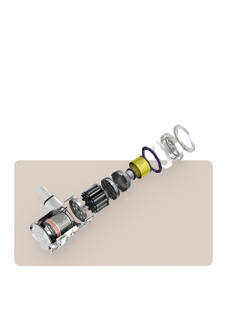 Hình ảnh minh họa thân máy hút bụi Cordzero™ minh họa cơ chế của Hệ thống lọc 5 bước.