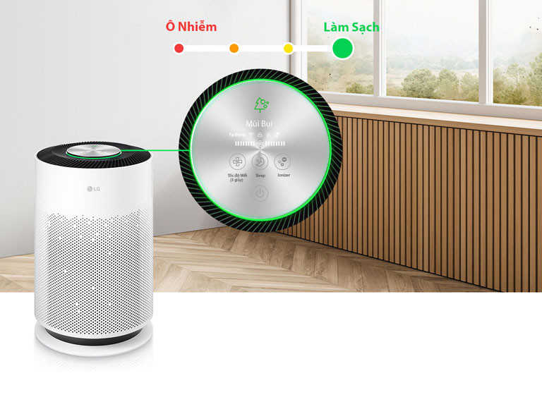 Máy lọc không khí hoạt động, lọc sạch không khí chuyển từ màu cam sang vàng và xanh, không khí trong nhà trở nên trong lành.