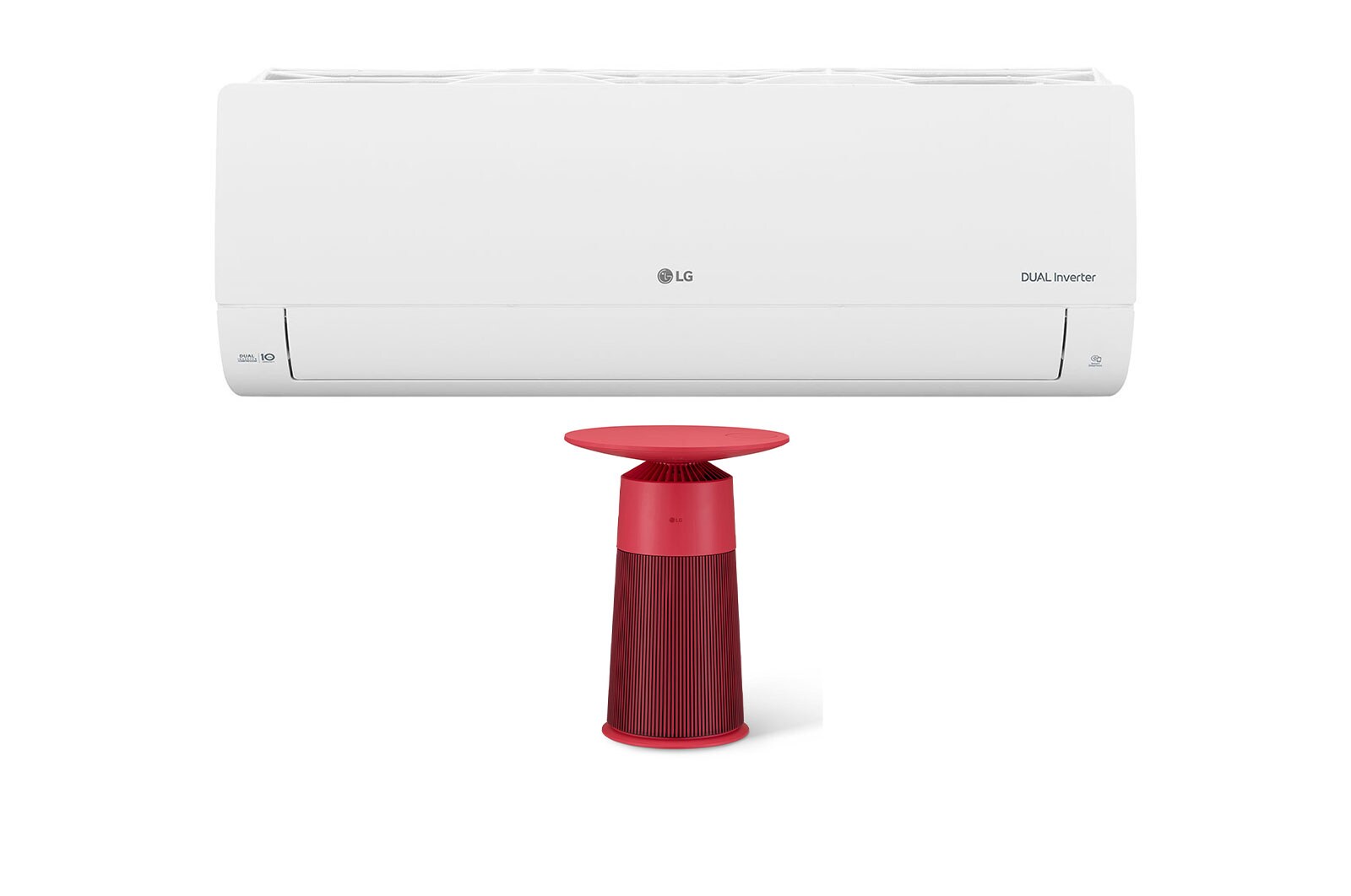 Hình ảnh mặt trước của Combo Điều hòa LG DUALCOOL™Inverter 1 chiều 9.000 BTU (1HP)|V10ENO & Máy lọc khí PuriCare AeroFurniture màu đỏ hồng V10ENOAS20R.ABAE